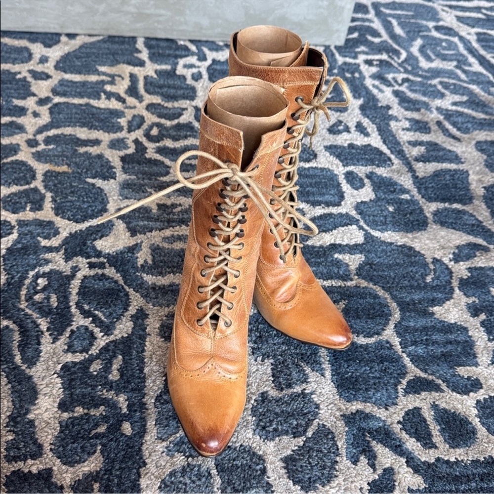 Oak Tree Farms Jasmine Leather Lace up Mid Calf Heeled Boots Sz 8.5 Brown Tan - Picture 3 of 13